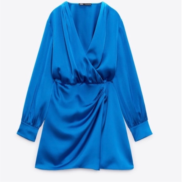 Zara Blue Satin Long Sleeve Dress - Picture 9 of 11